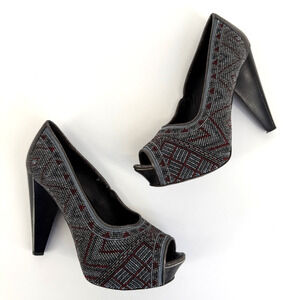 Donald J Pliner Women’s Pumps 7M CECI Beaded Gray Red Peep Toe Platform Heels